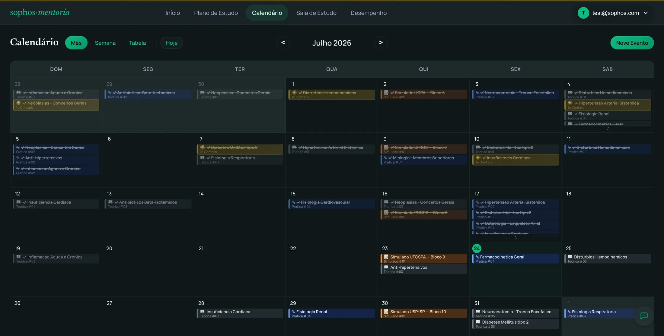 Calendário mensal com eventos coloridos por tipo, no app Sophos Mentoria