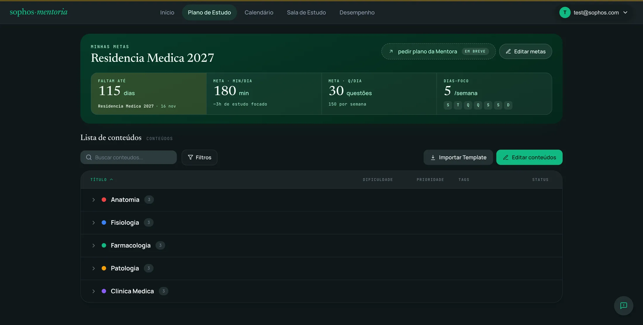 Tela de Plano de Estudo no app Sophos Mentoria