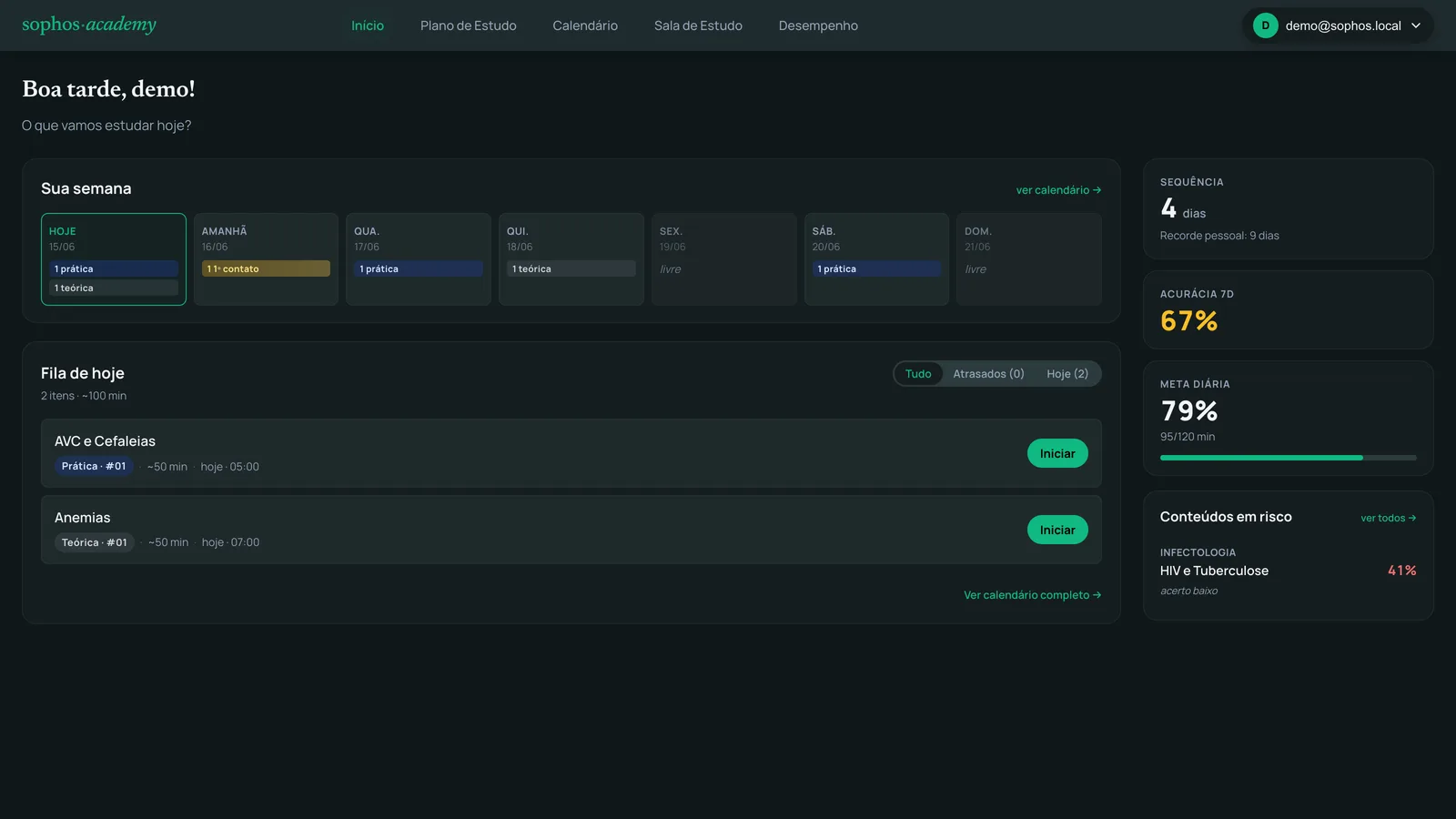 Início — resumo do estudo, agenda da semana e cards de acesso rápido