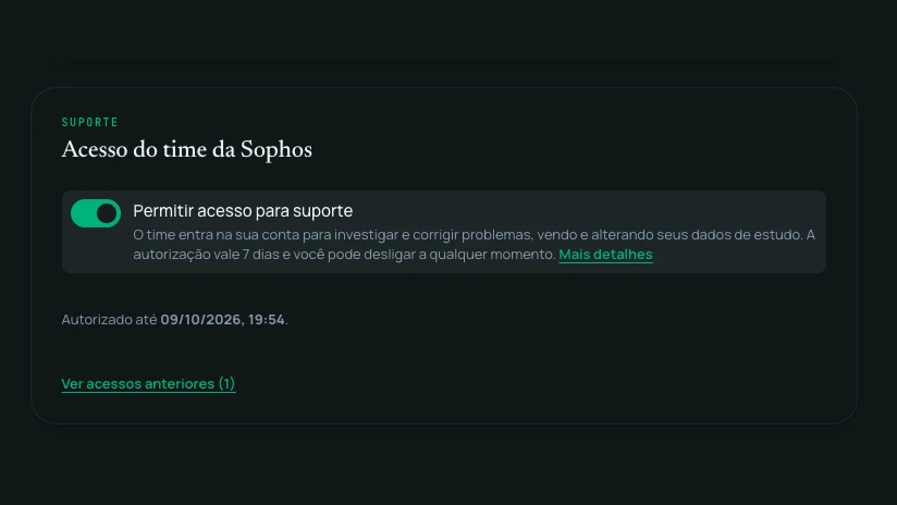 Configurações › Suporte: botão para liberar o acesso do suporte, validade e registro de acessos